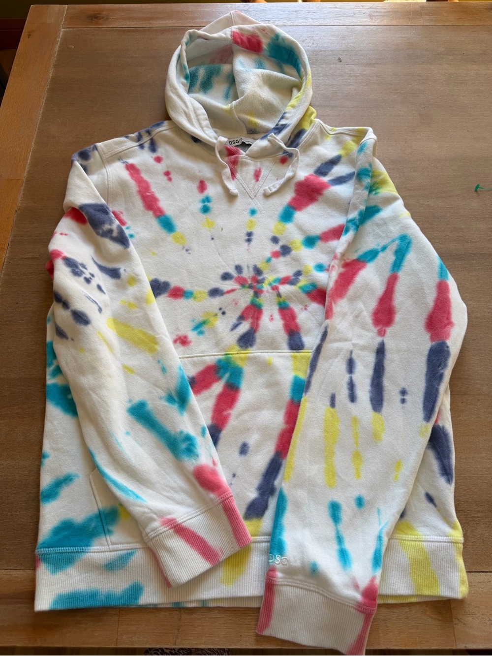 DSG White Tie-Dye Hoodie with Pink, Blue, Yellow and Navy Accents